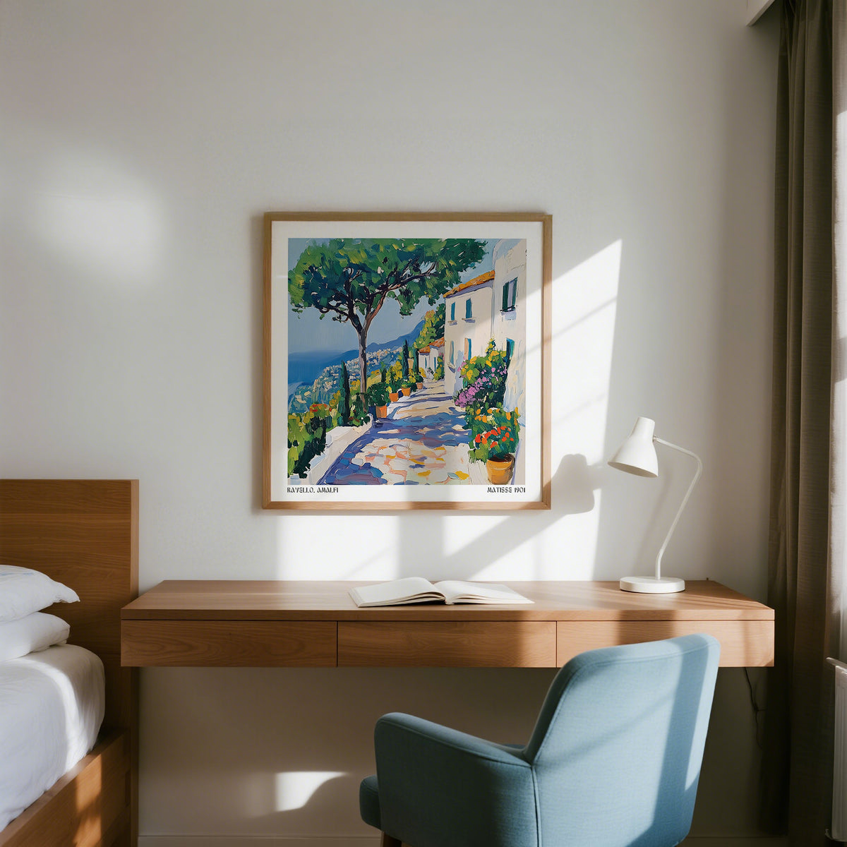 Prints of Amalfi Coast framed print of a Mediterranean path with bright green trees above a wooden desk