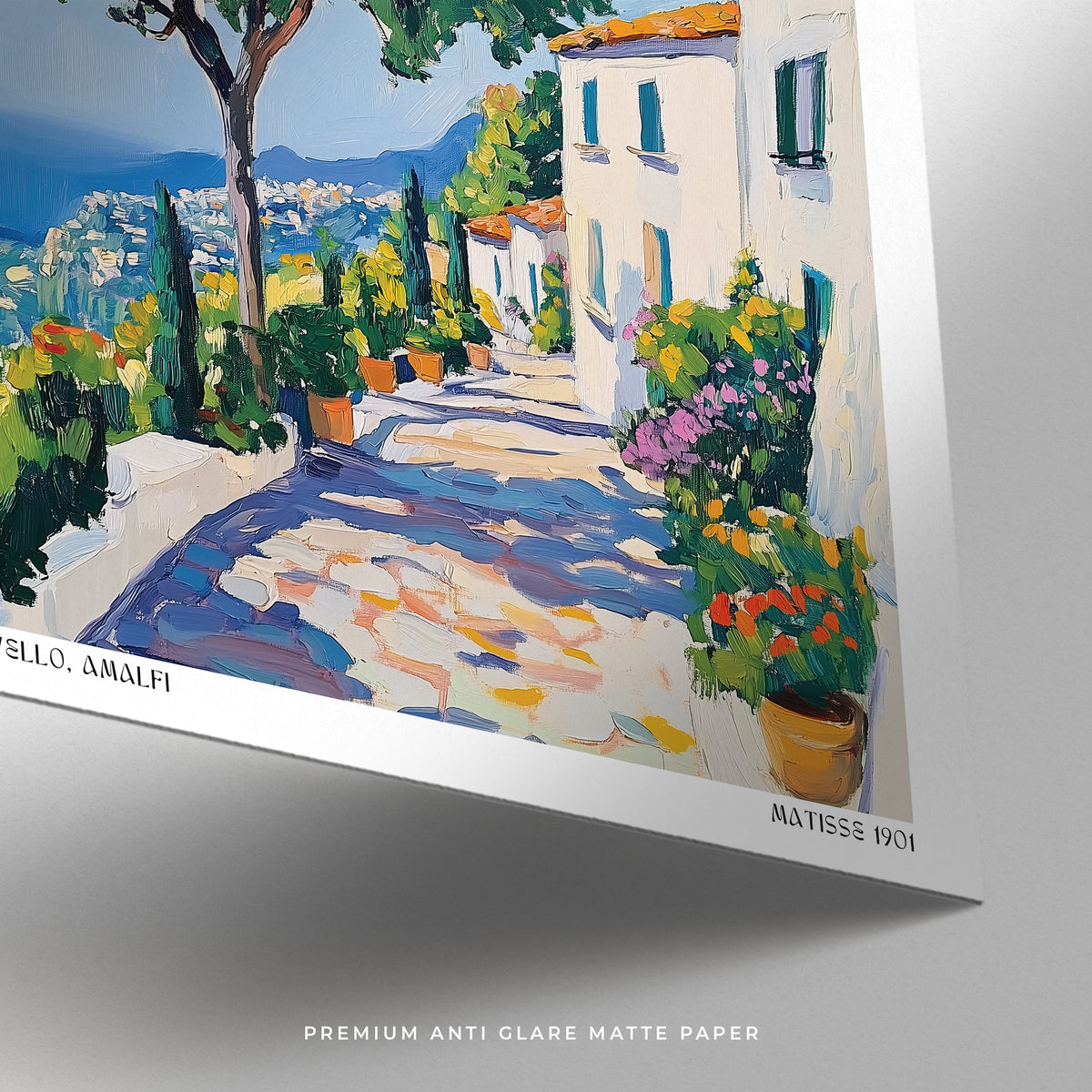 Detail close-up of prints of Amalfi Coast showing a Mediterranean path with trees and white houses in watercolour style