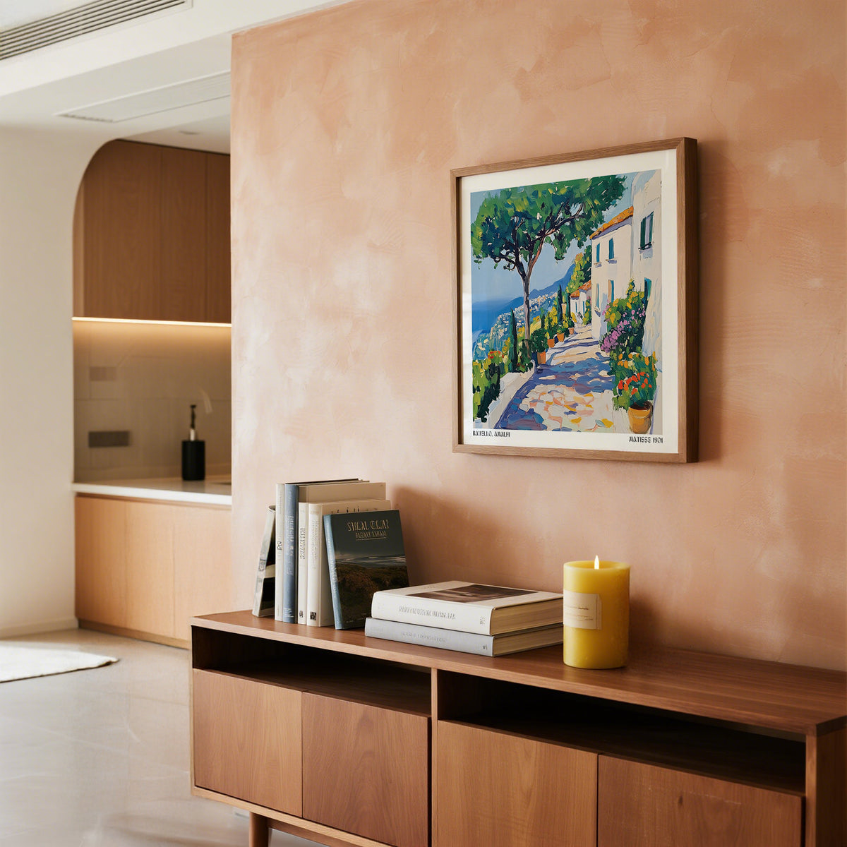 Prints of Amalfi Coast framed print of a Mediterranean path with trees and white houses above a wooden sideboard