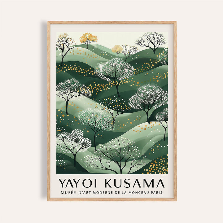 Green and Gold wall art of stylised trees on rolling hills with gold dot details