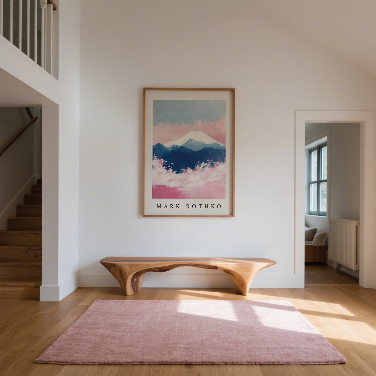 Mount Fuji Art print with white snow-capped peak and pastel colours above a wooden bench