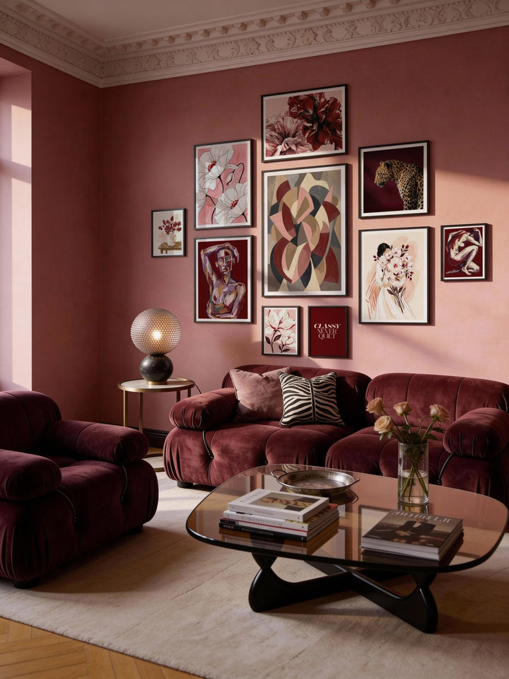 Wall art sets with abstract shapes and floral and animal prints above a dark red velvet sofa in a living room