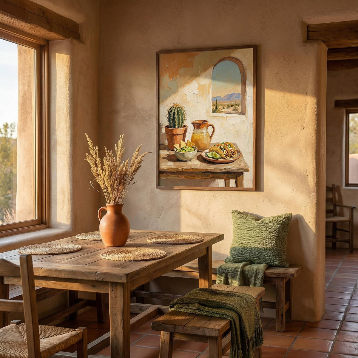 Mexican Food Art print of tacos and guacamole still life hanging on a warm wall above a wooden dining table