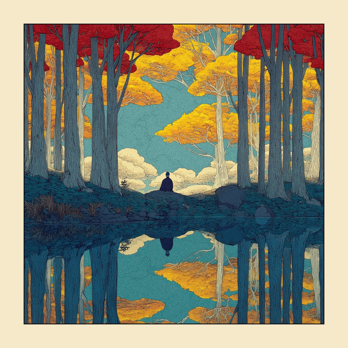 Serene Nature wall art of a peaceful figure by a lake with red and yellow trees
