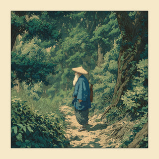 Vintage woodblock style print of an old man in a forest path in shades of green and blue