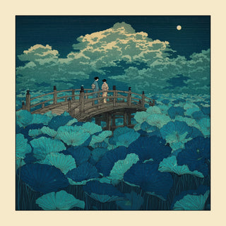 Hasui Kawase Japanese Woodblock Lotus showing a couple on a bridge over a blue and green lotus pond