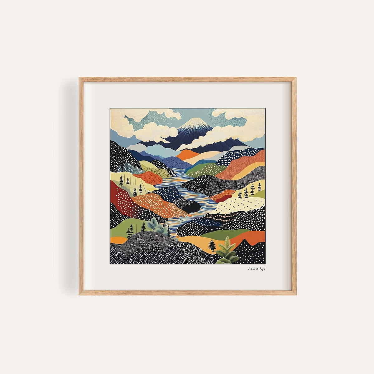 Framed Japanese Art Prints of abstract Mount Fuji mountain landscape with blue and orange tones
