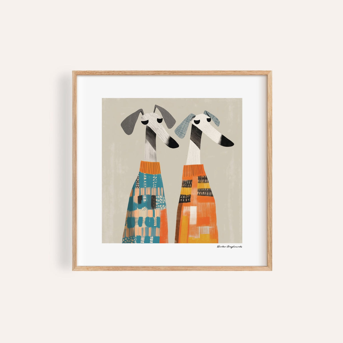 Framed Wall Art Dog illustration of two greyhounds in colourful patterned jumpers