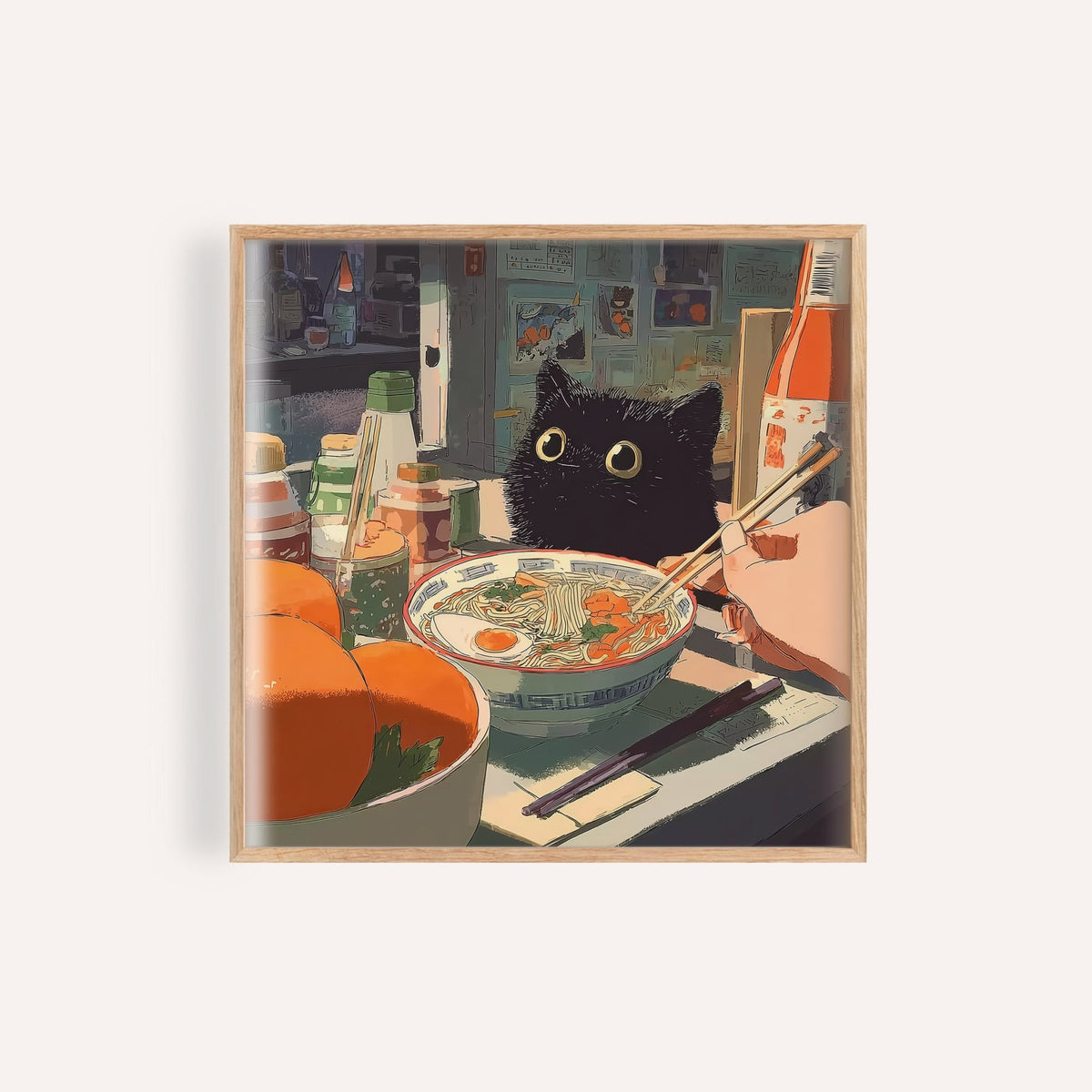 Framed print of a black cat with ramen bowl in illustration style with orange and green tones