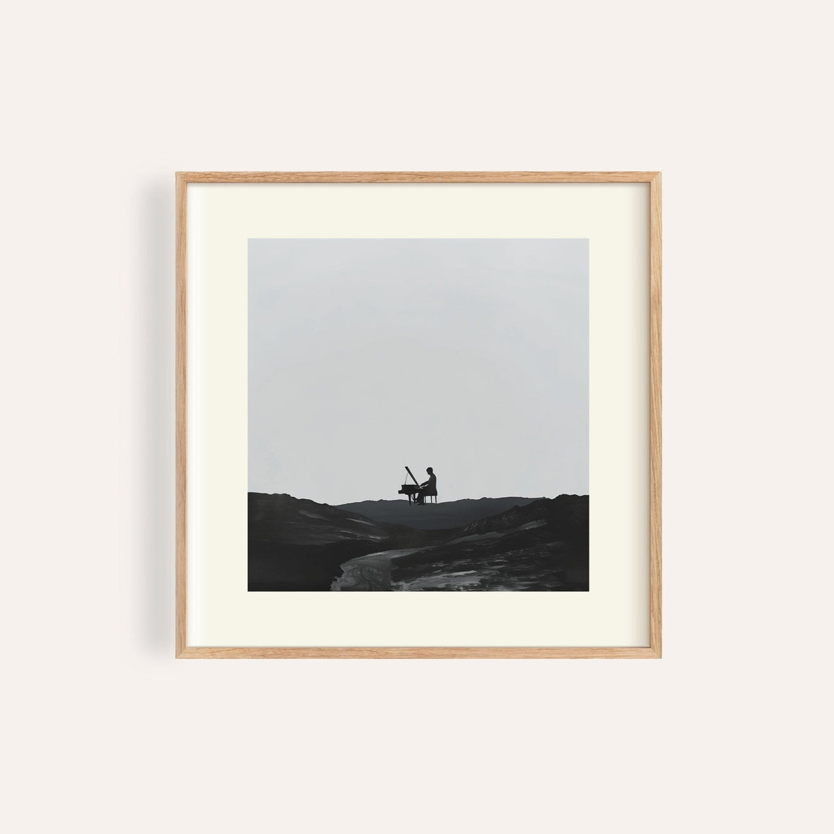 Framed Piano Abstract Art with a silhouette playing piano in black and grey tones