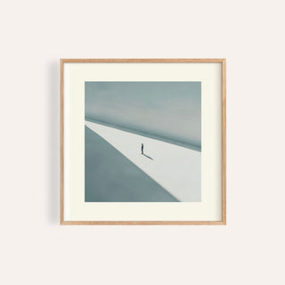 Framed art print of a solitary person in shadow with minimalist light and grey tones