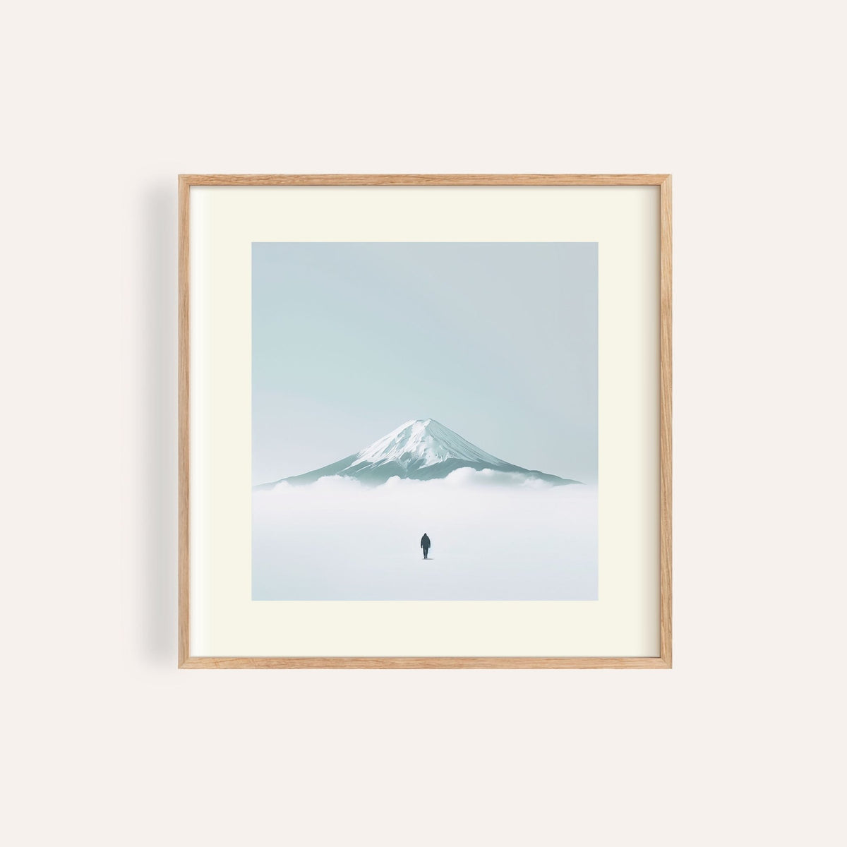 Framed print of a snowy Mount Fuji with a lone figure in minimalist style