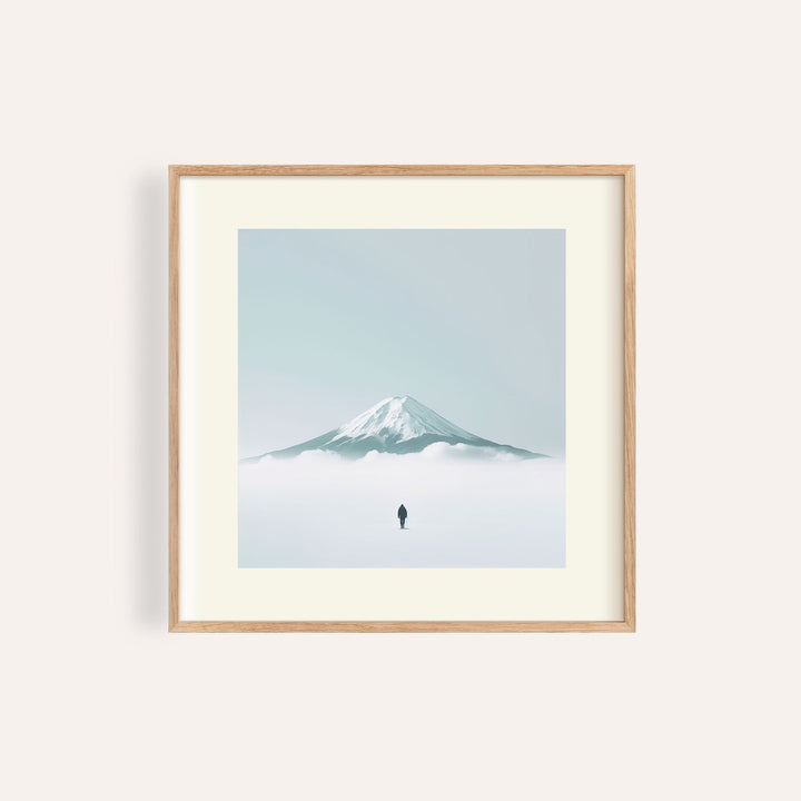 Framed print of a snowy Mount Fuji with a lone figure in minimalist style