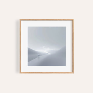 Gray and White Wall Art framed close-up of a person on a winding path in a minimalistic abstract style