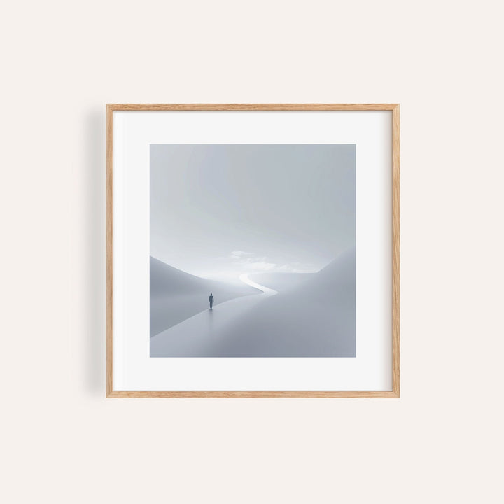 Gray and White Wall Art framed close-up of a person on a winding path in a minimalistic abstract style