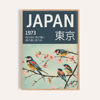 Japanese Bird Wall Art framed close-up showing swallows on a cherry blossom branch with text JAPAN and Japanese characters