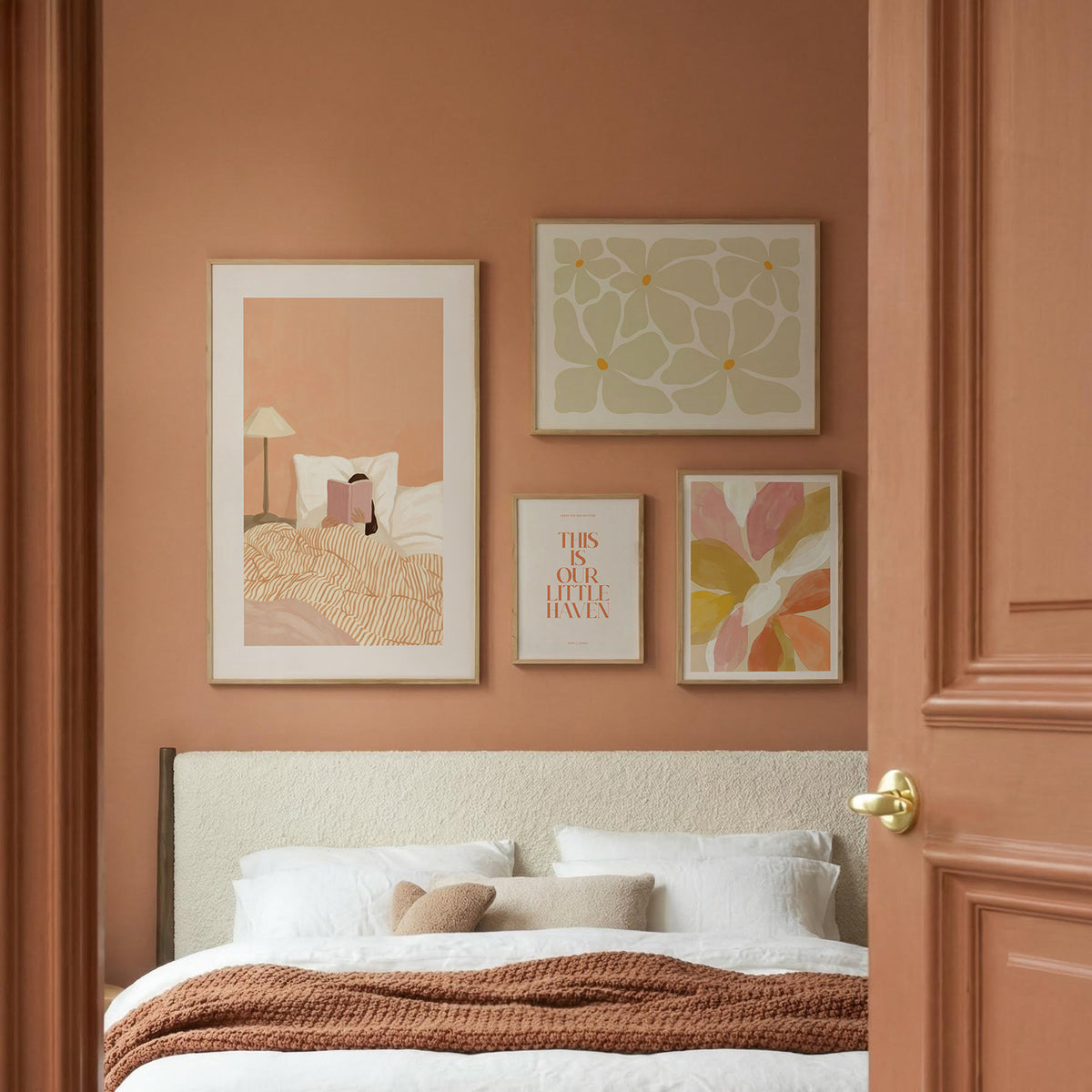 4-Piece Floral Wall Art Set above a bed with textured brown throw in a bedroom