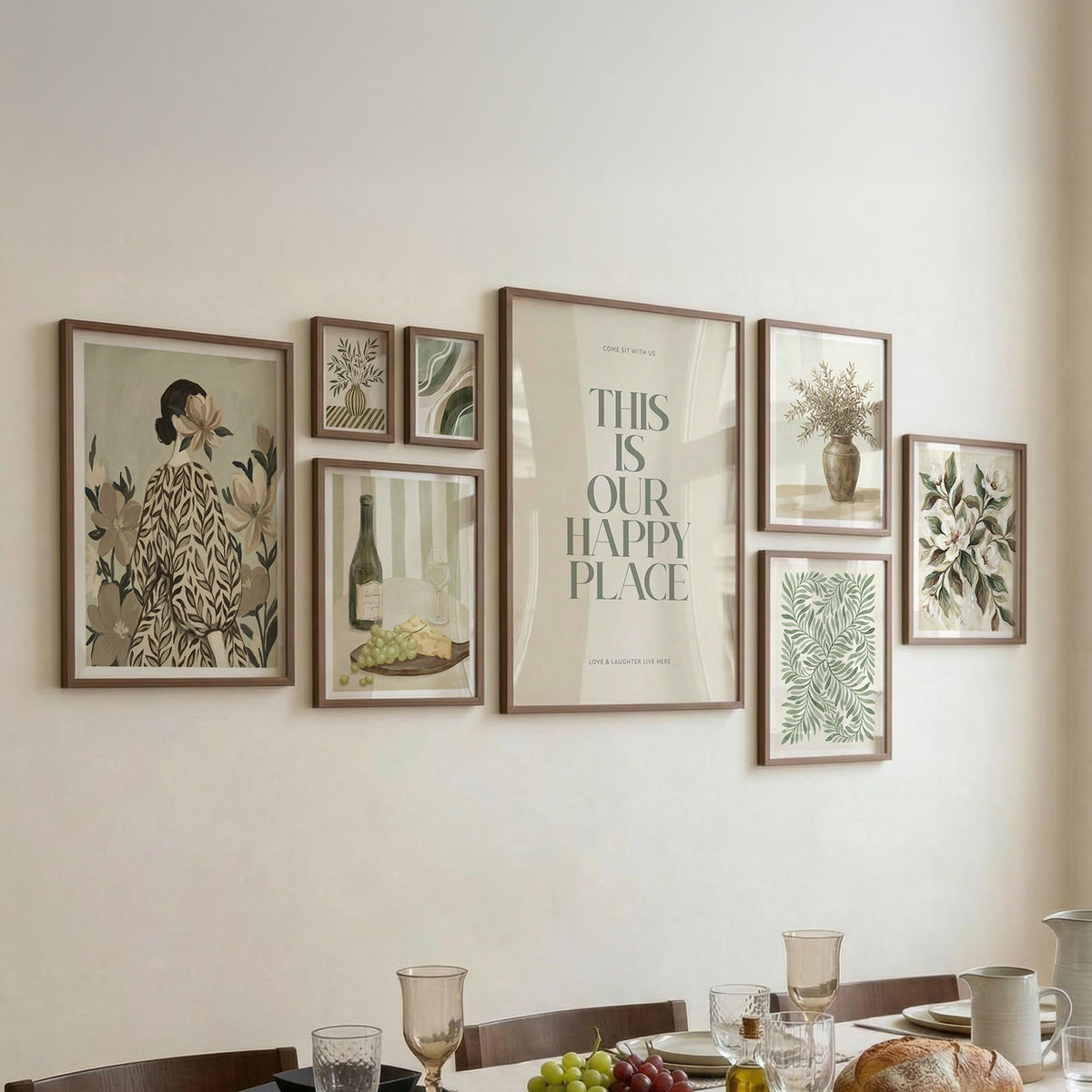 Dining Room Gallery Set wall art with botanical elements and typography above a dining table with glasses and bread