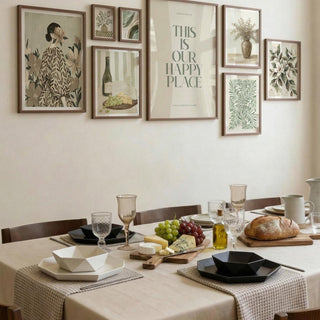 Dining room gallery set above a table with beige cloth and geometric bowls