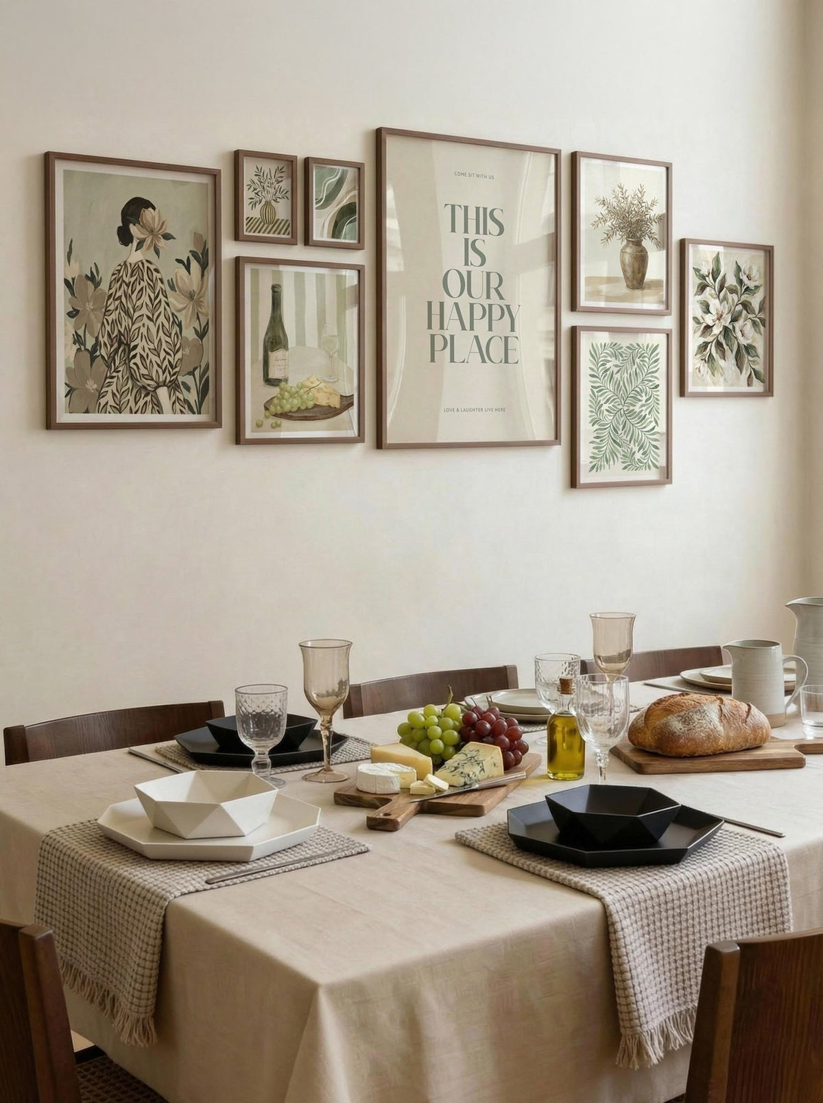 Dining room gallery set above a table with beige cloth and geometric bowls