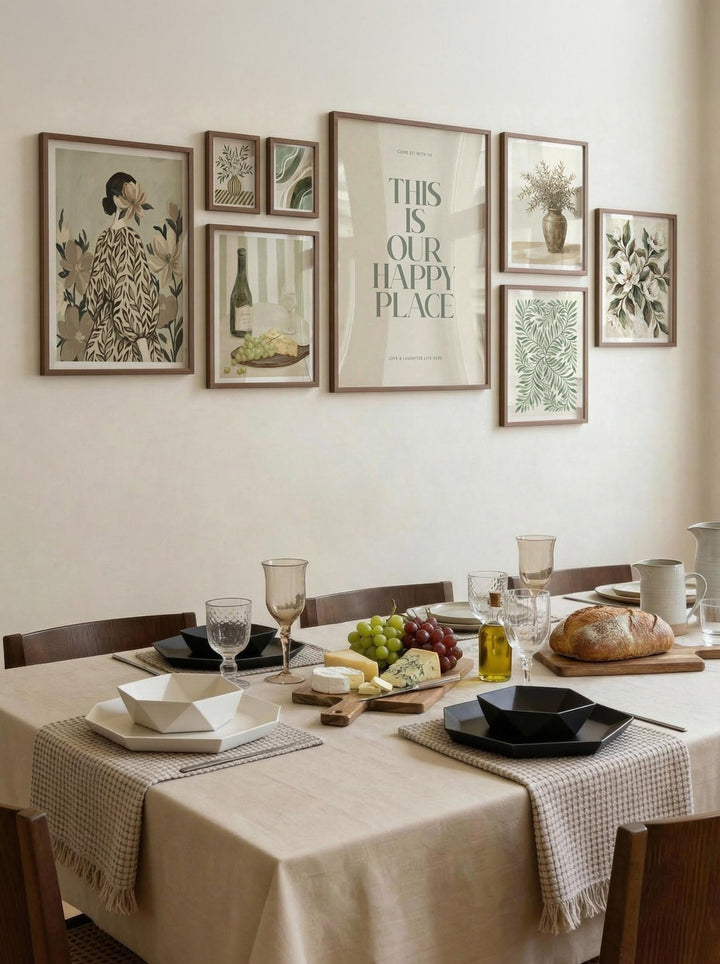 Dining room gallery set above a table with beige cloth and geometric bowls