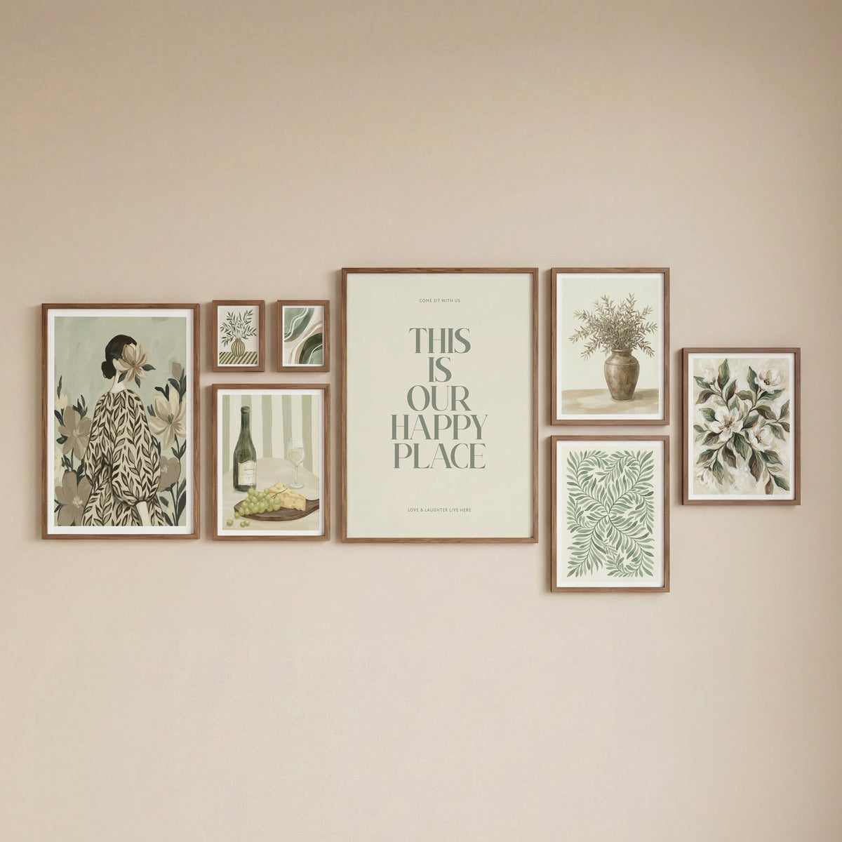 Dining room gallery set with botanical illustrations and typography in muted green and beige tones on a beige wall