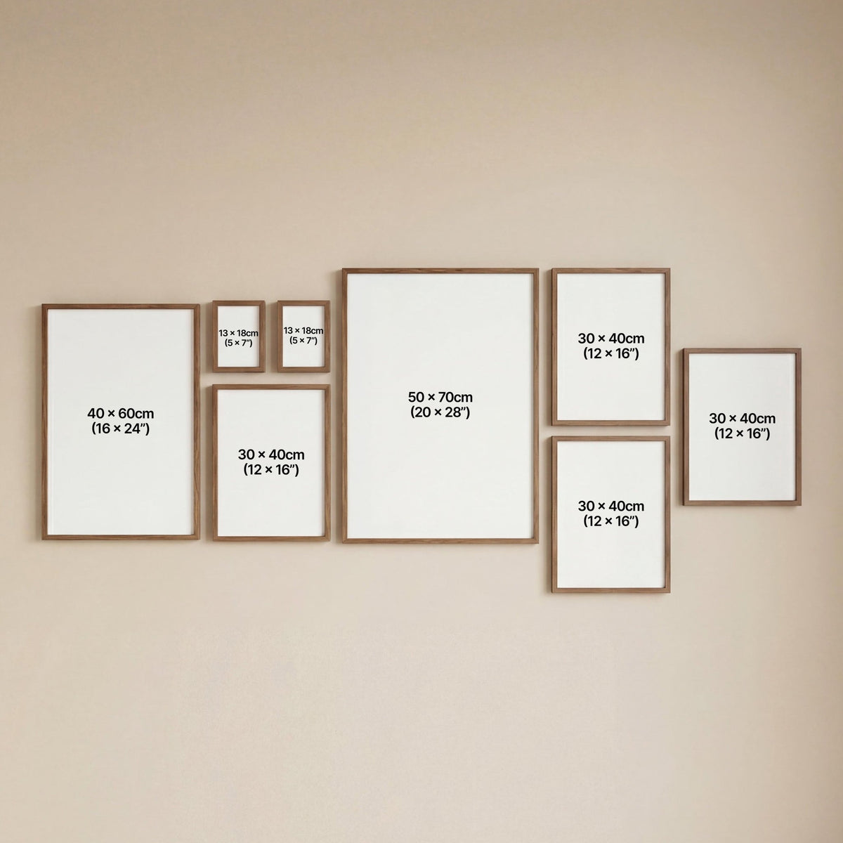 Gallery set showing frame sizes in a minimalist style with brown frames on a neutral wall