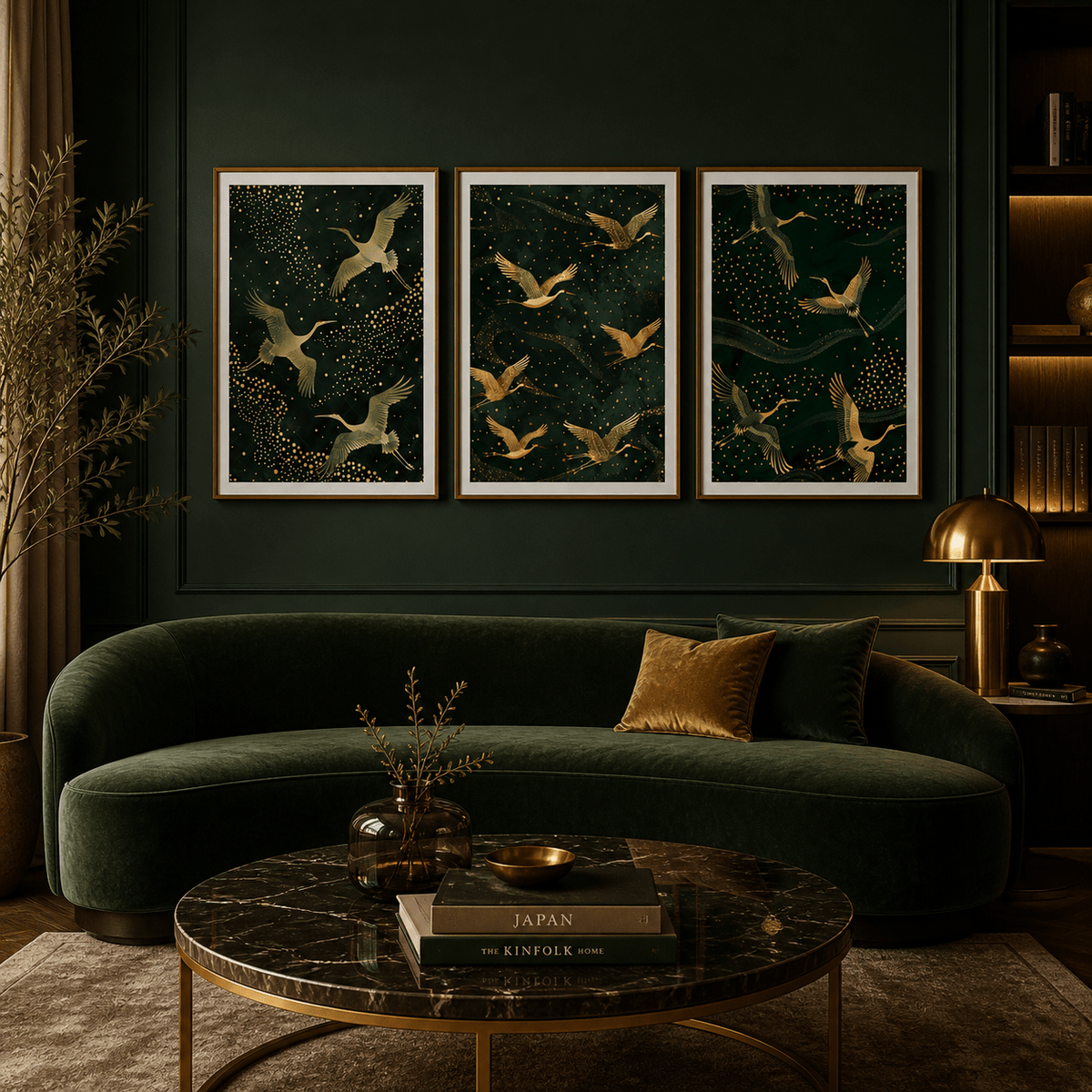Set of 3 Art Prints above a dark green sofa with golden cranes on a deep green background in a living room