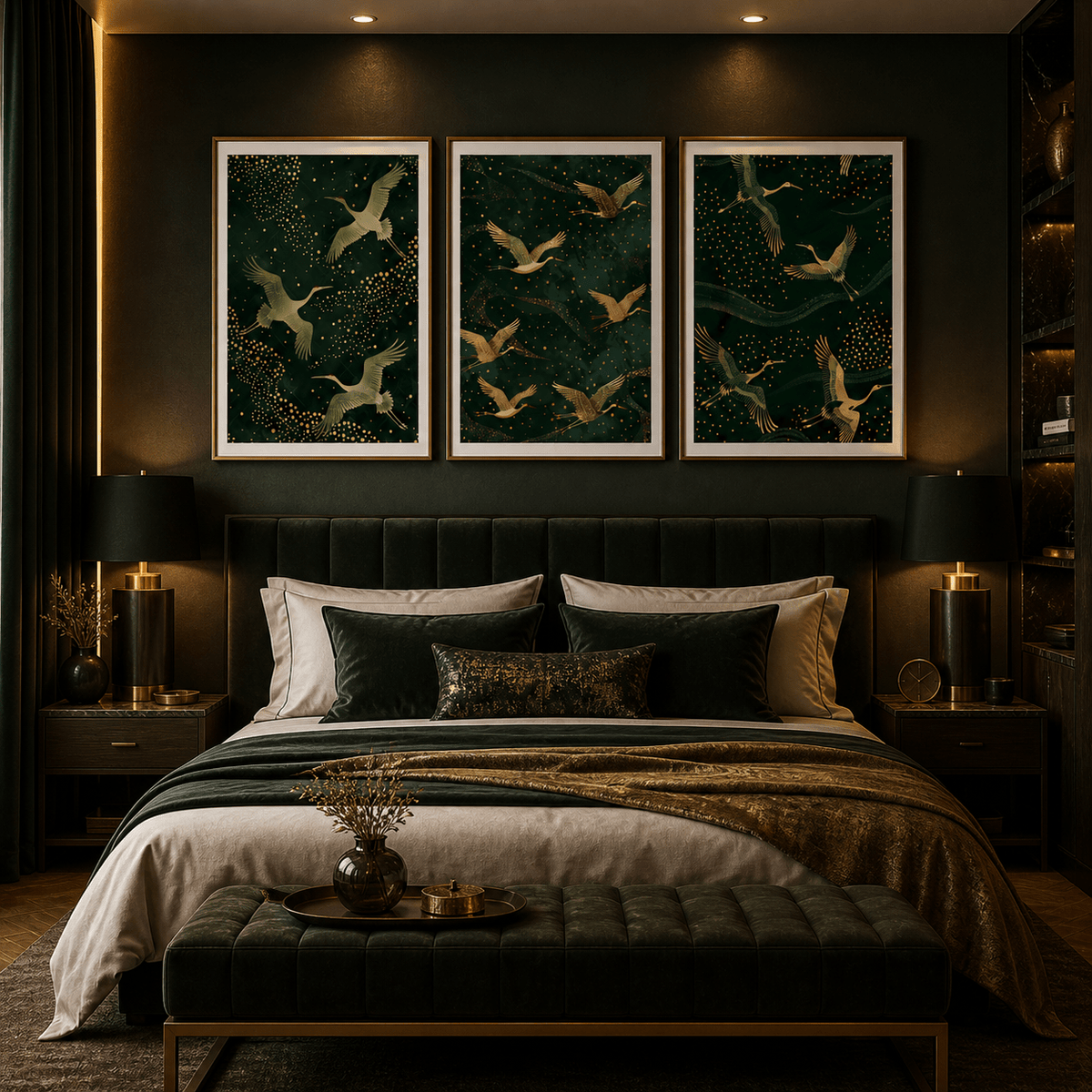 Set of 3 art prints of golden cranes on dark green background above a bed in a bedroom