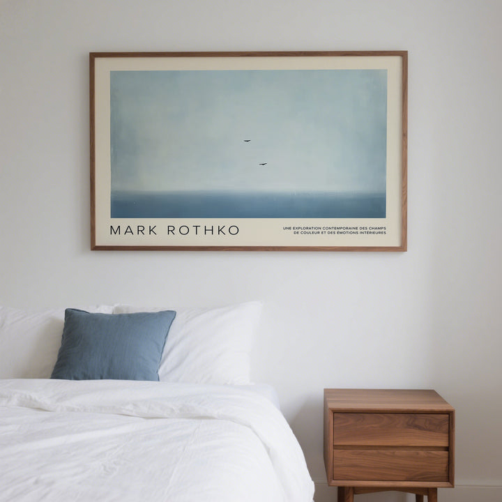 Wall Art Light Blue with two birds in the sky above a bed with a blue cushion and a wooden bedside table