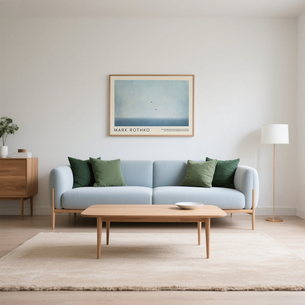 Wall Art Light Blue above a pastel sofa with green cushions in a living room