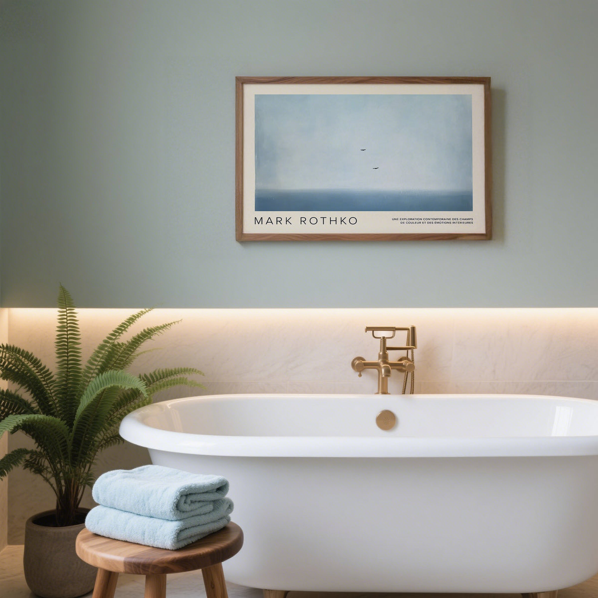 Wall Art Light Blue framed print of two birds flying in a pale blue sky above a bathtub with towels and a plant