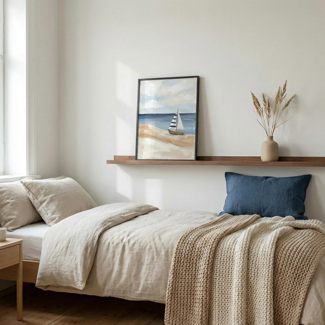 Painted coastal print of a striped sailboat on a sand dune in a black frame, standing on a picture shelf above a bed with linen bedding, a navy cushion and a knitted throw