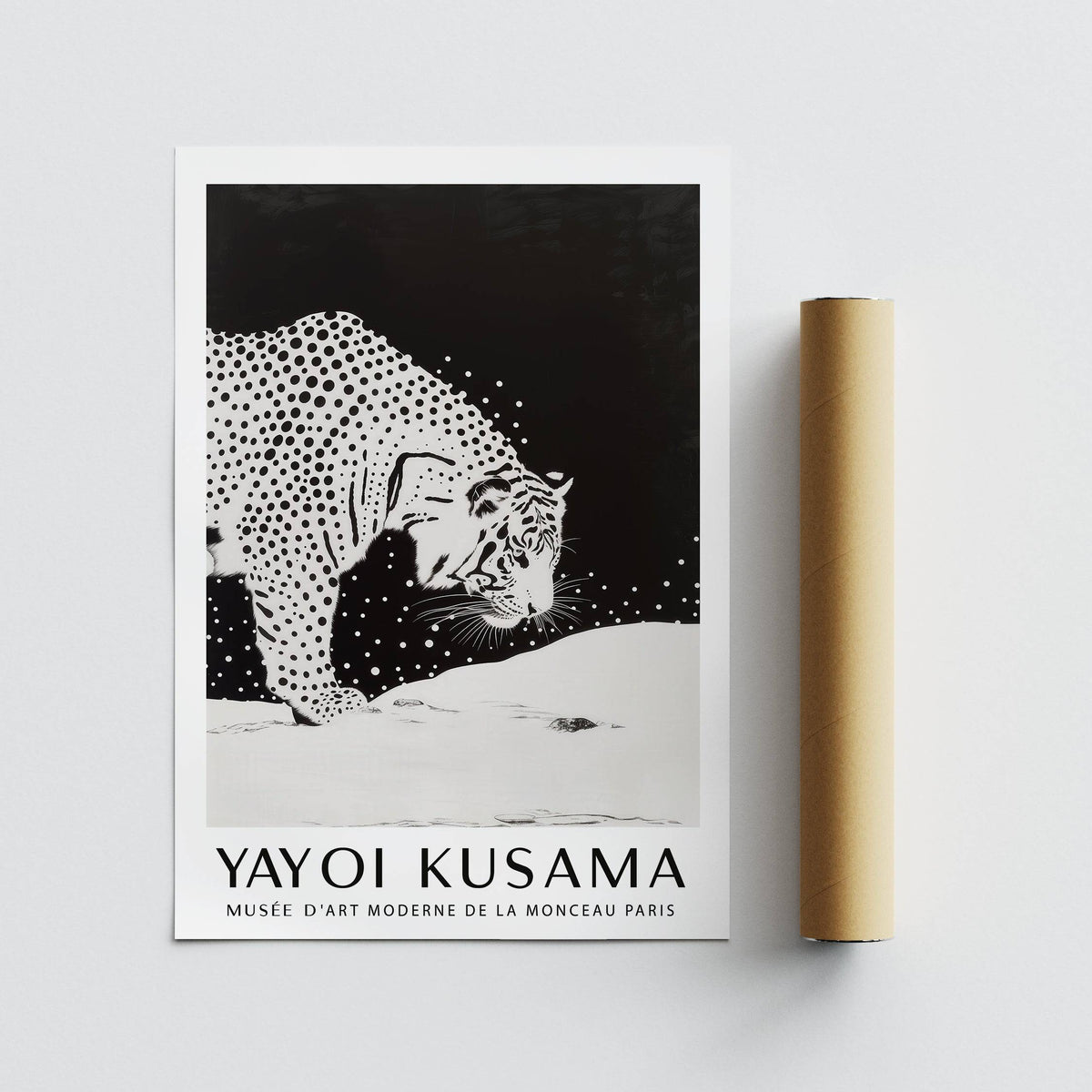 White Tiger Wall Art print with snow leopard design in black and white alongside a packaging tube