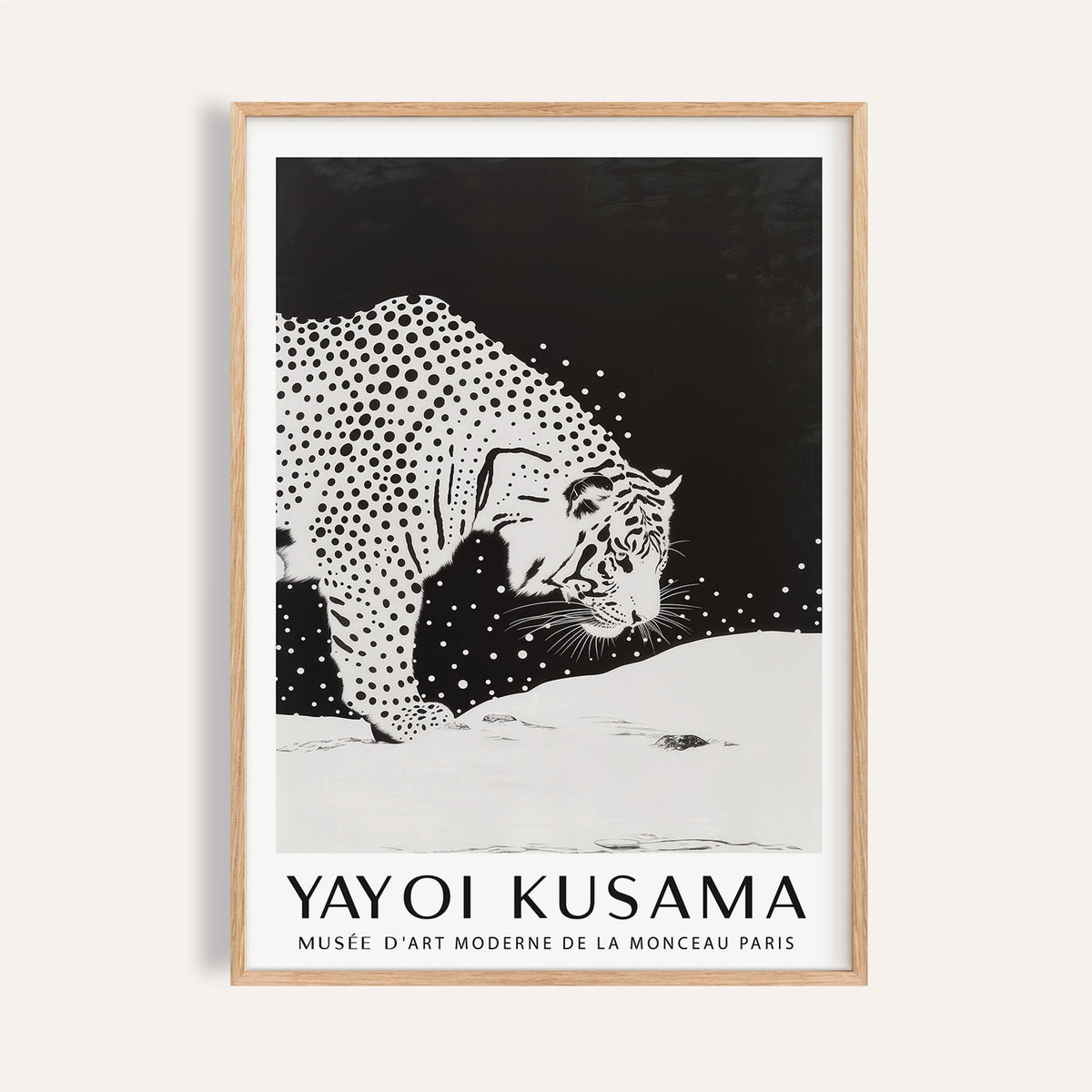 White Tiger Wall Art framed print close-up of a minimalist black and white snow leopard with dots