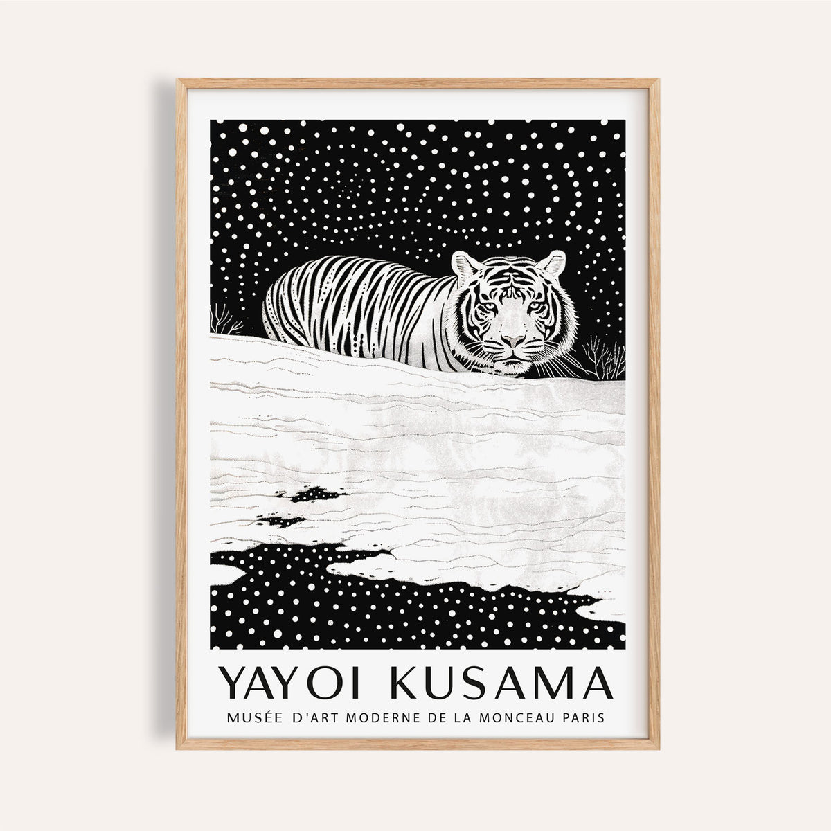 Framed Snow Tiger Print of a white tiger illustration in black and white with dotted patterns