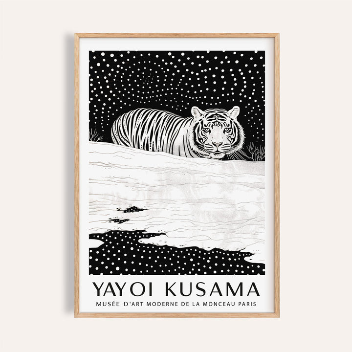 Framed Snow Tiger Print of a white tiger illustration in black and white with dotted patterns
