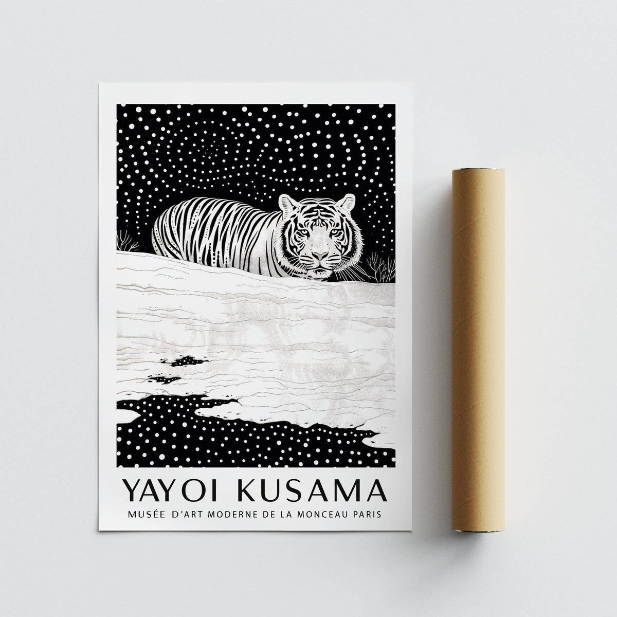 Snow Tiger Print showing a black and white minimalist tiger illustration with a packaging tube nearby