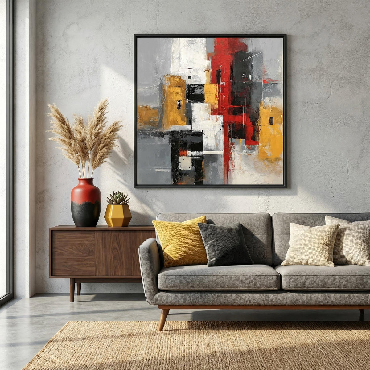 Print on a wall in a living room featuring abstract geometric shapes in red, yellow and grey with a brown sideboard and a vase
