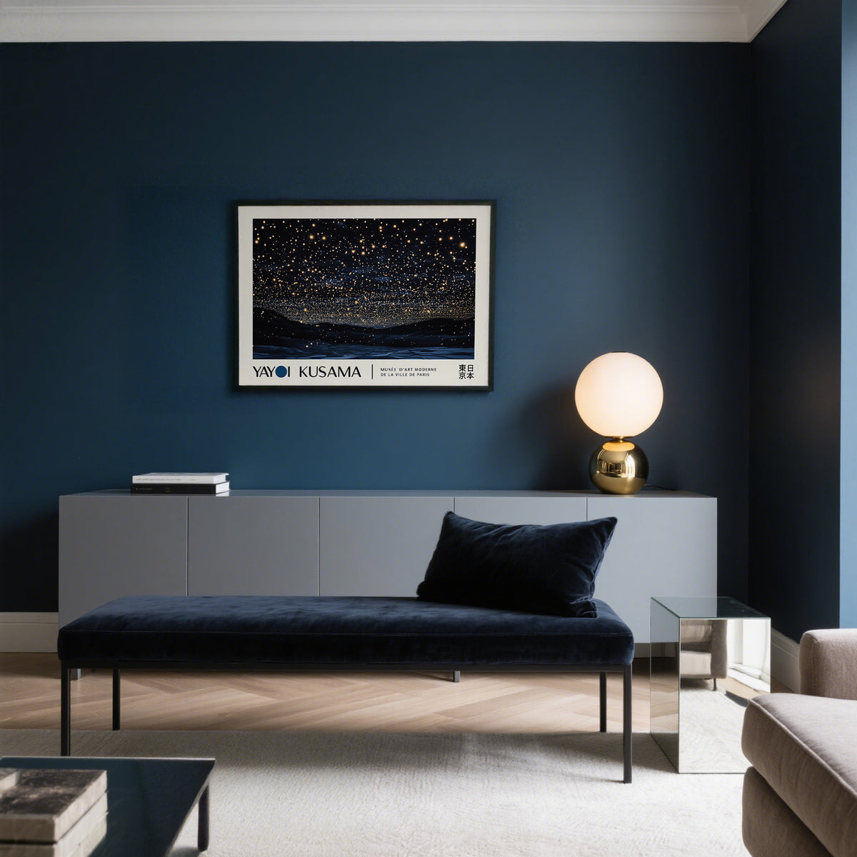 Night Sky Art photographic wall art of starry night sky above dark hills in a living room with grey cabinet and glowing lamp