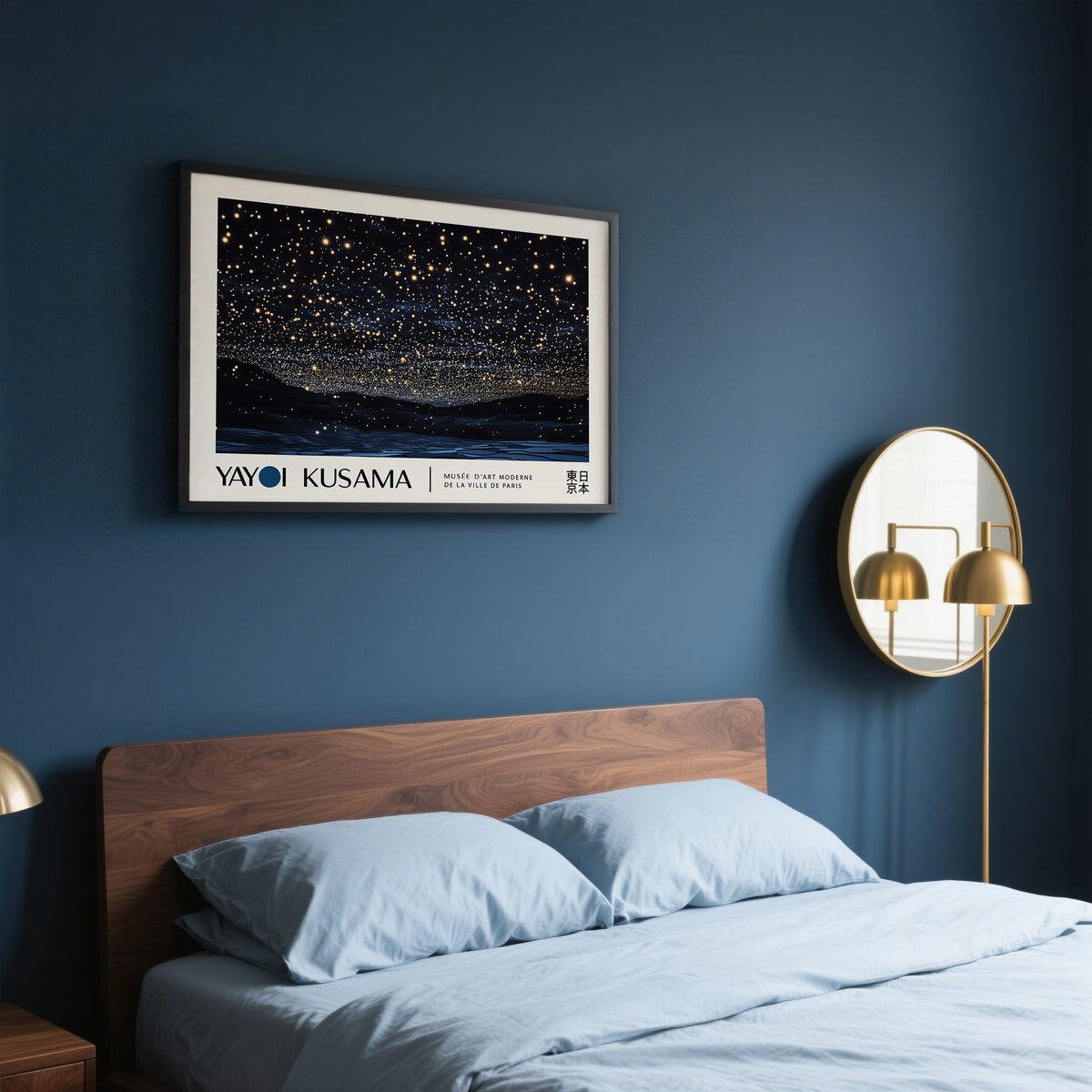 Night Sky Art framed print of starry night sky in black and gold above a wooden bed in a bedroom