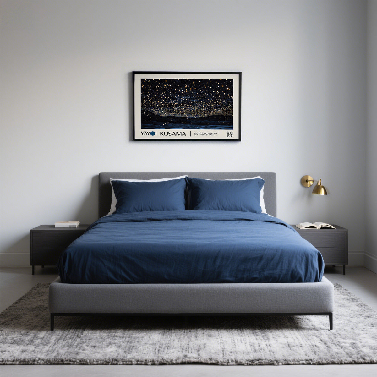 Night Sky Art photographic print of starry night sky above dark hills in a bedroom above a blue bed