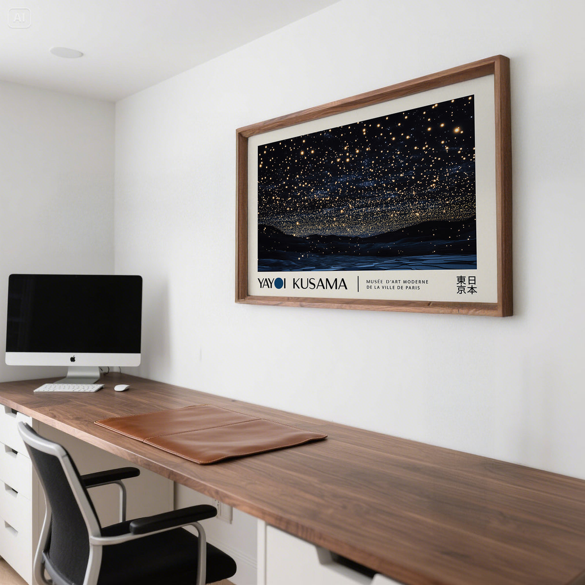 Night sky art framed print showing starry night sky in gold and black above a wooden desk with a computer