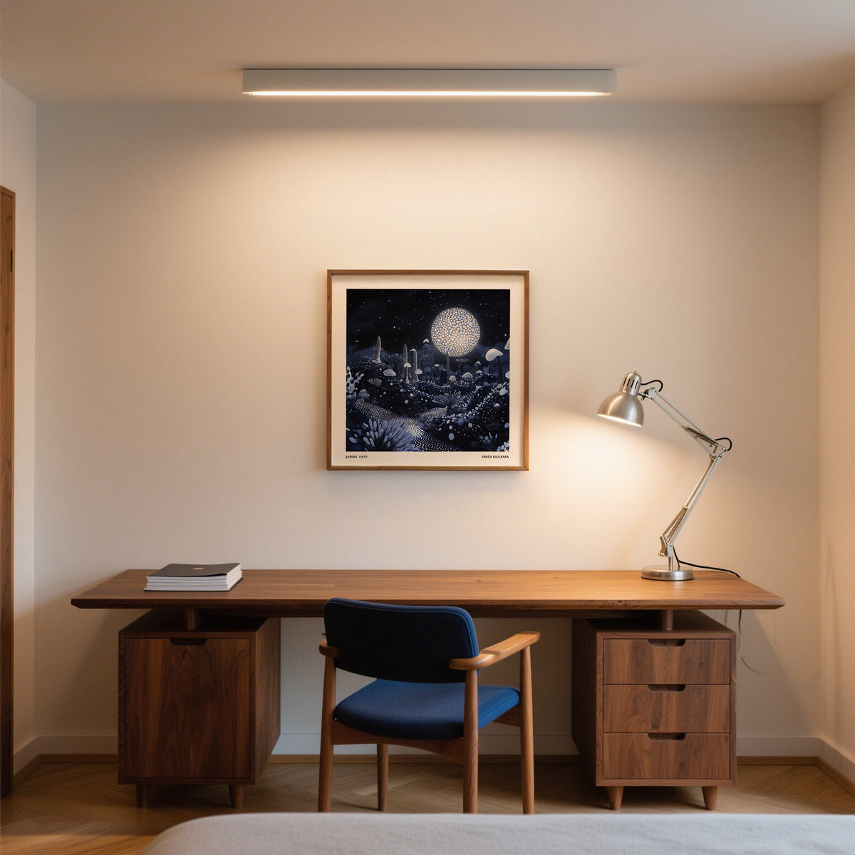 Wall Art Night Sky framed print of glowing surreal mushrooms above a wooden desk with lamp