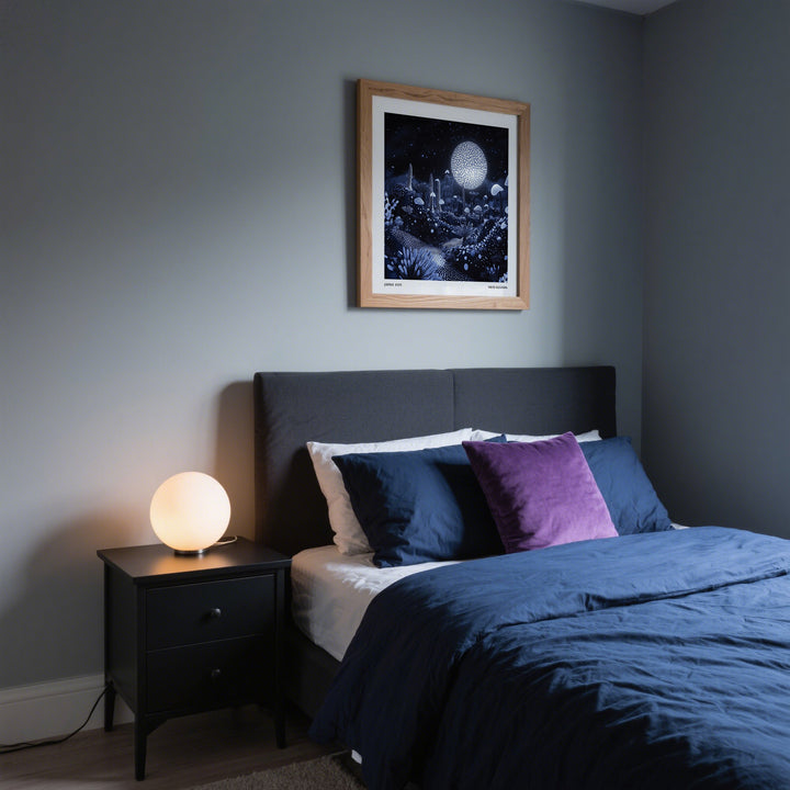 Wall Art Night Sky with glowing surreal mushrooms above a bed with blue bedding and a bedside lamp