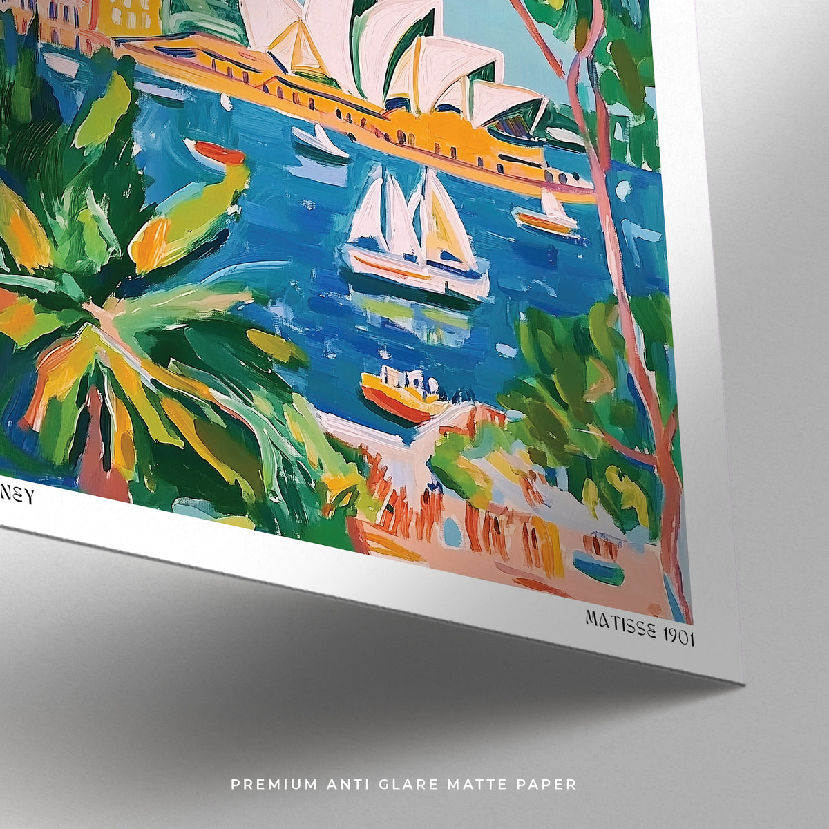Close-up of Matisse Art for Sale showing vibrant blue bay and white sailboats on matte paper