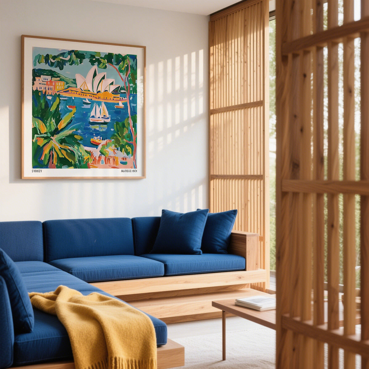 Matisse Art for Sale framed print of Sydney opera house illustration with blue and green tones above a blue sofa