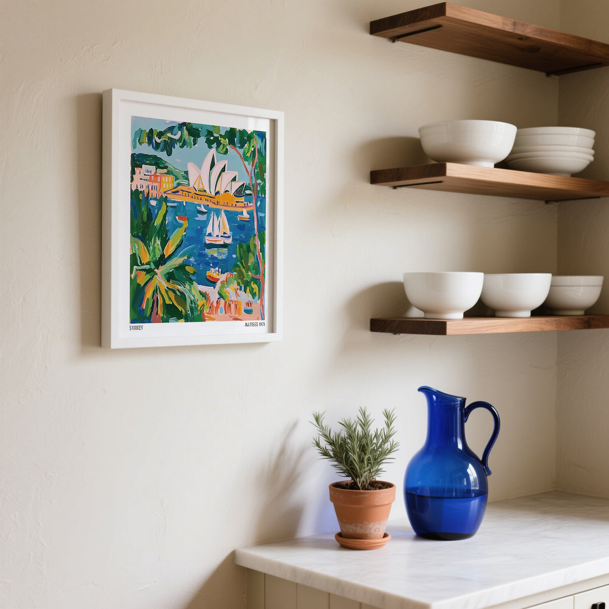 Matisse Art for Sale print of Sydney Opera House illustration with green and blue tones beside shelves with white bowls
