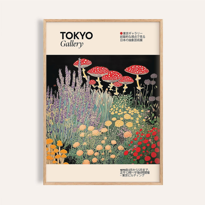 Floral Prints Vintage framed print close-up with red spotted mushrooms and colourful flowers on a dark background