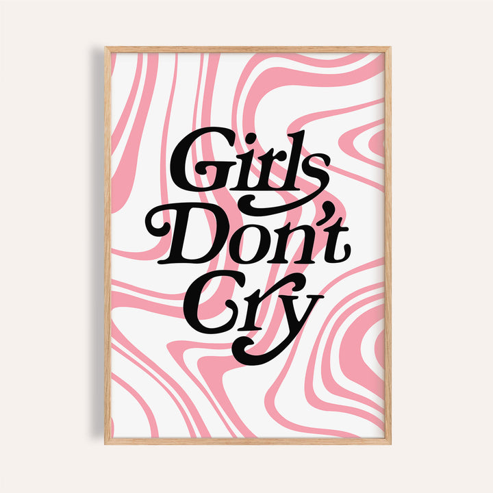 Girls Room Wall Art with Girls Don’t Cry quote in black on white and pink swirly background